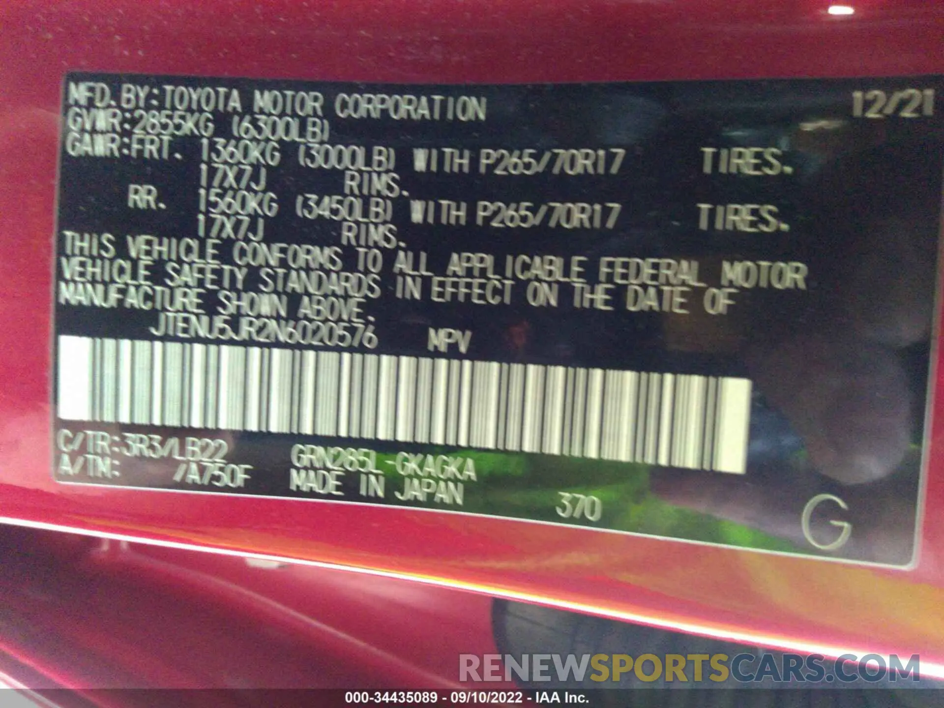 9 Фотография поврежденного автомобиля JTENU5JR2N6020576 TOYOTA 4RUNNER 2022