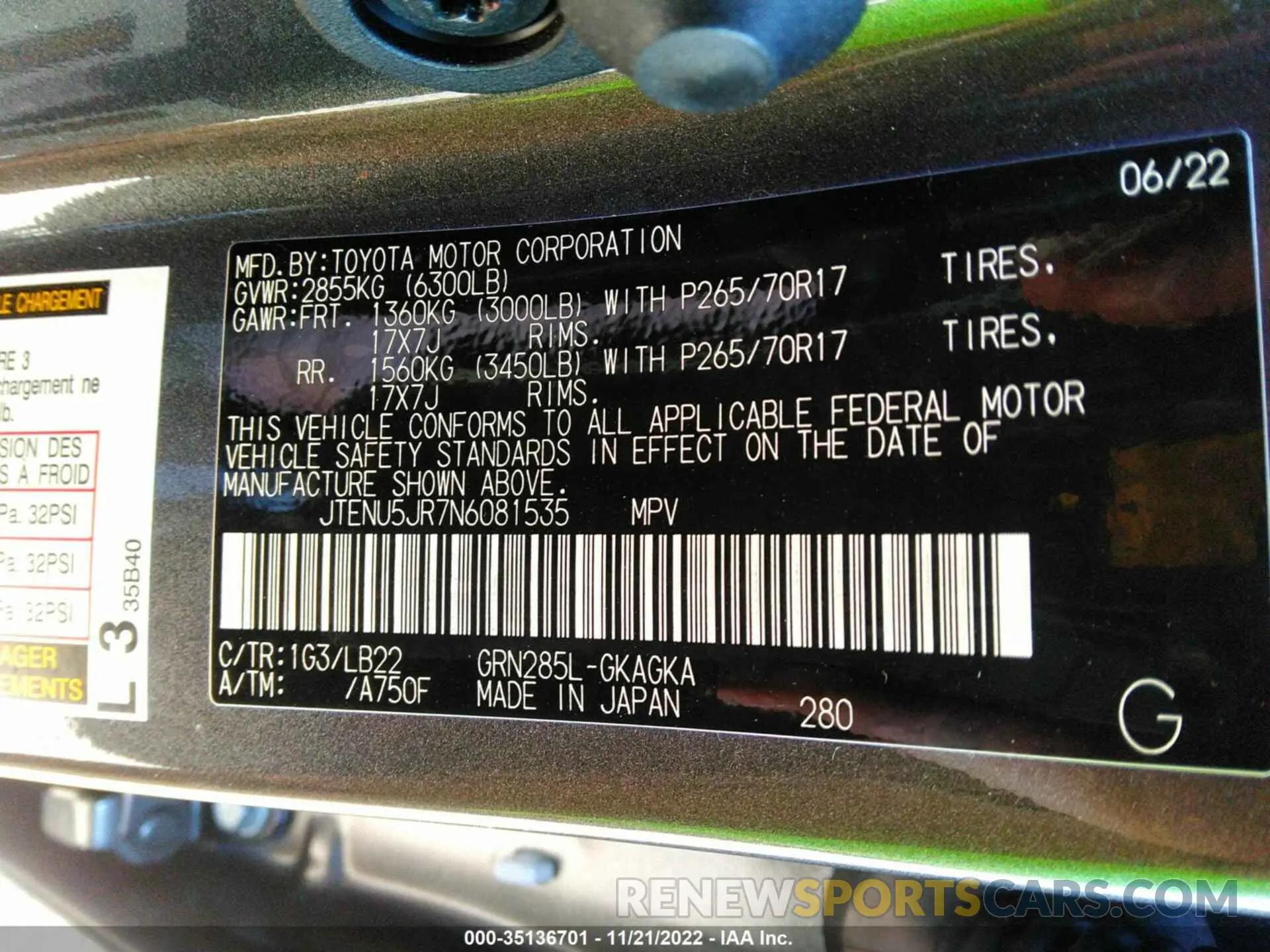 9 Фотография поврежденного автомобиля JTENU5JR7N6081535 TOYOTA 4RUNNER 2022