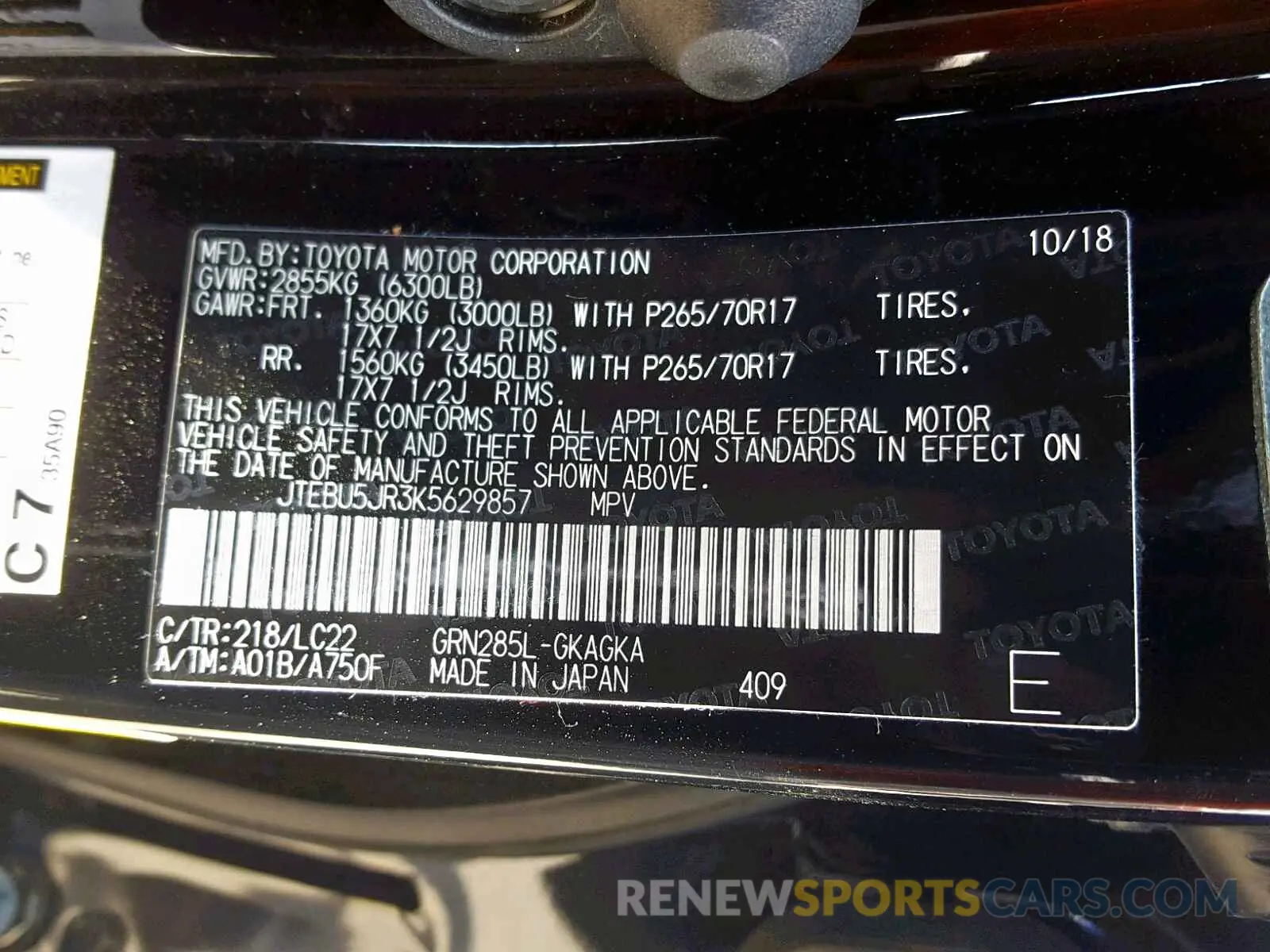 10 Photograph of a damaged car JTEBU5JR3K5629857 TOYOTA 4RUNNER SR 2019