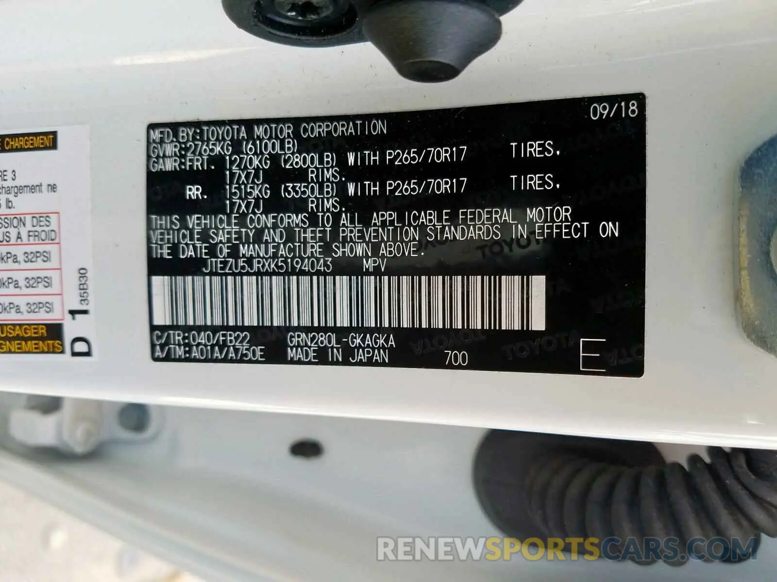 10 Photograph of a damaged car JTEZU5JRXK5194043 TOYOTA 4RUNNER SR 2019