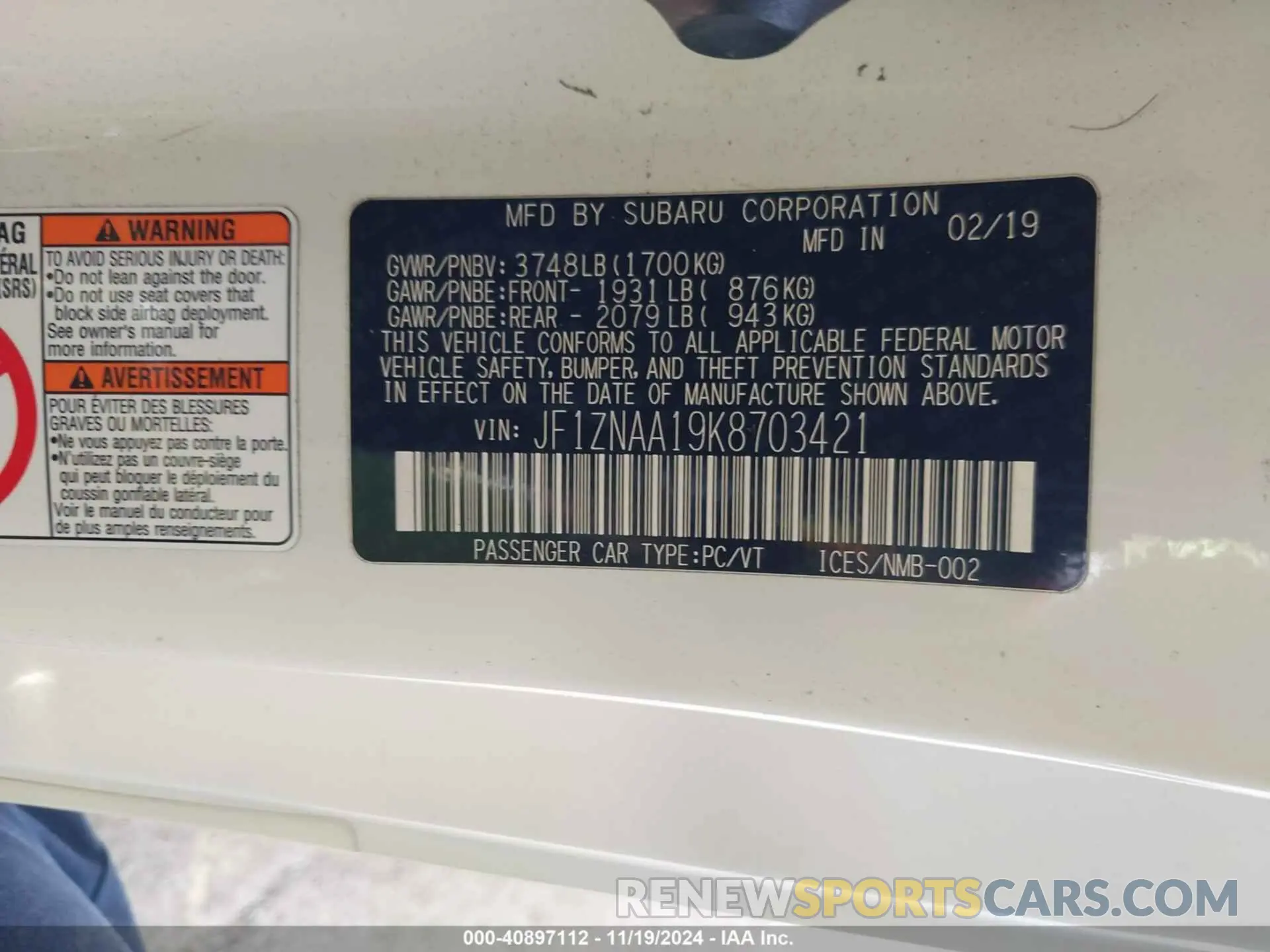 9 Photograph of a damaged car JF1ZNAA19K8703421 TOYOTA 86 2019