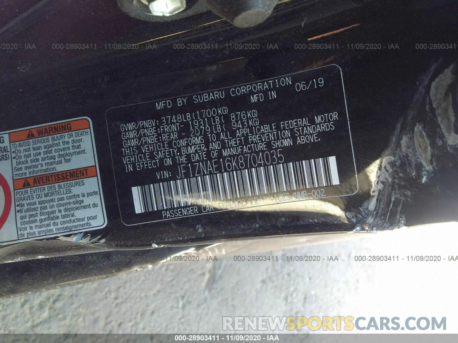9 Photograph of a damaged car JF1ZNAE16K8704035 TOYOTA 86 2019