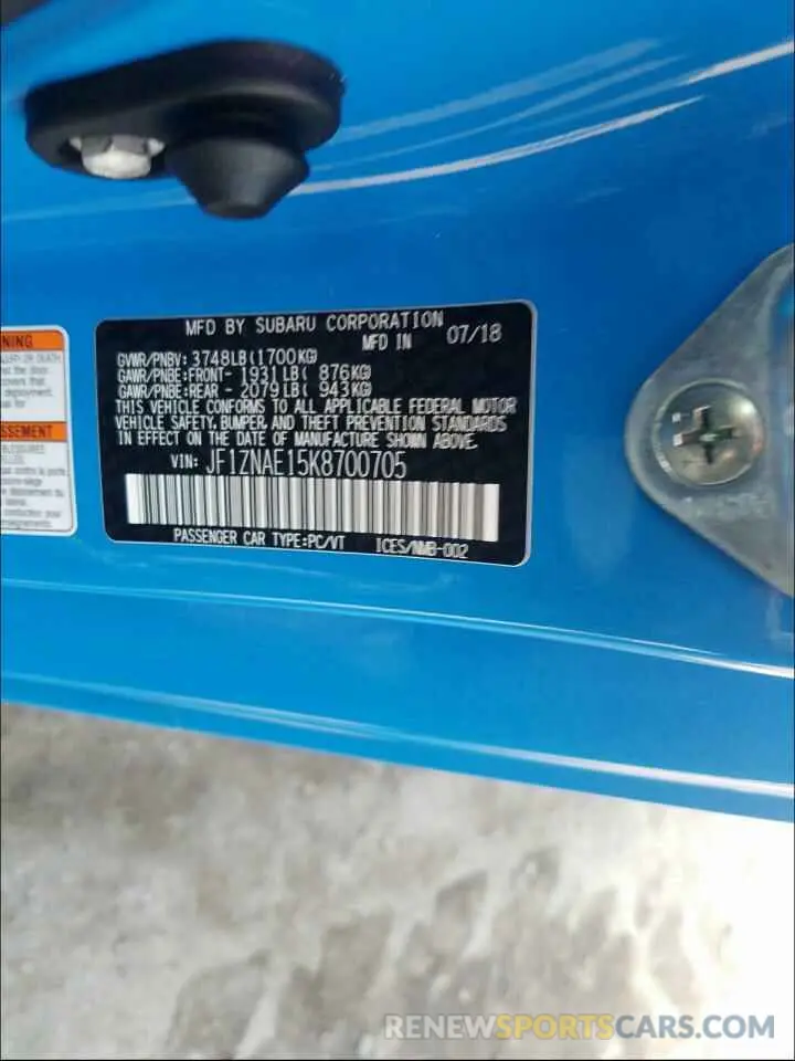 10 Photograph of a damaged car JF1ZNAE15K8700705 TOYOTA 86 GT 2019