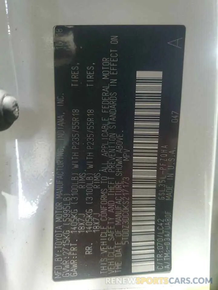 14 Photograph of a damaged car 5TDDZ3DC0KS217173 TOYOTA All Models 2019