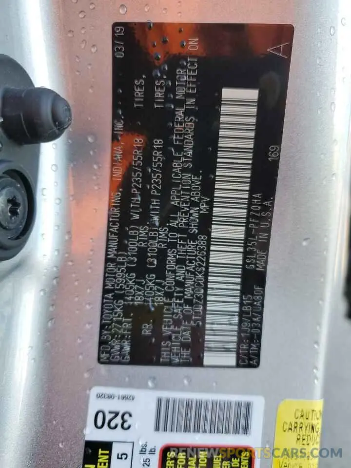13 Фотография поврежденного автомобиля 5TDDZ3DC0KS226388 TOYOTA All Models 2019