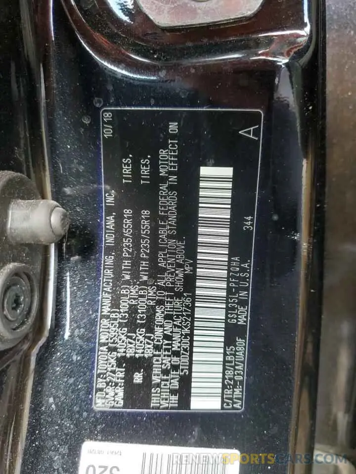 13 Фотография поврежденного автомобиля 5TDDZ3DC1KS217361 TOYOTA All Models 2019