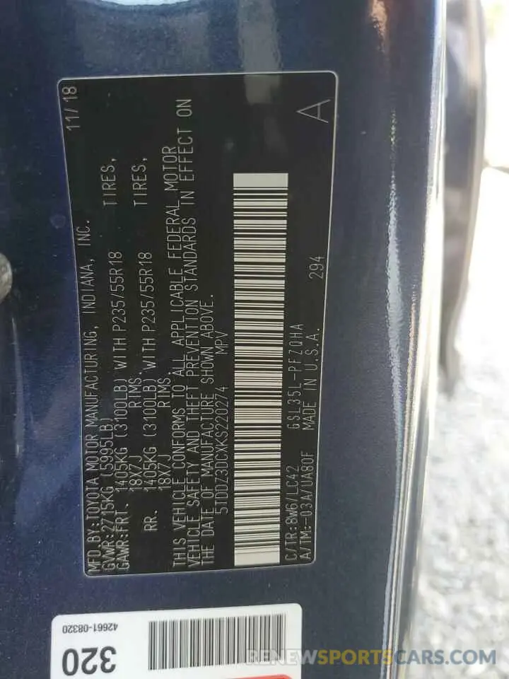 13 Фотография поврежденного автомобиля 5TDDZ3DCXKS220274 TOYOTA All Models 2019
