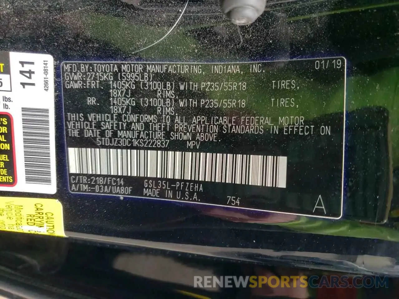 13 Фотография поврежденного автомобиля 5TDJZ3DC1KS222837 TOYOTA All Models 2019