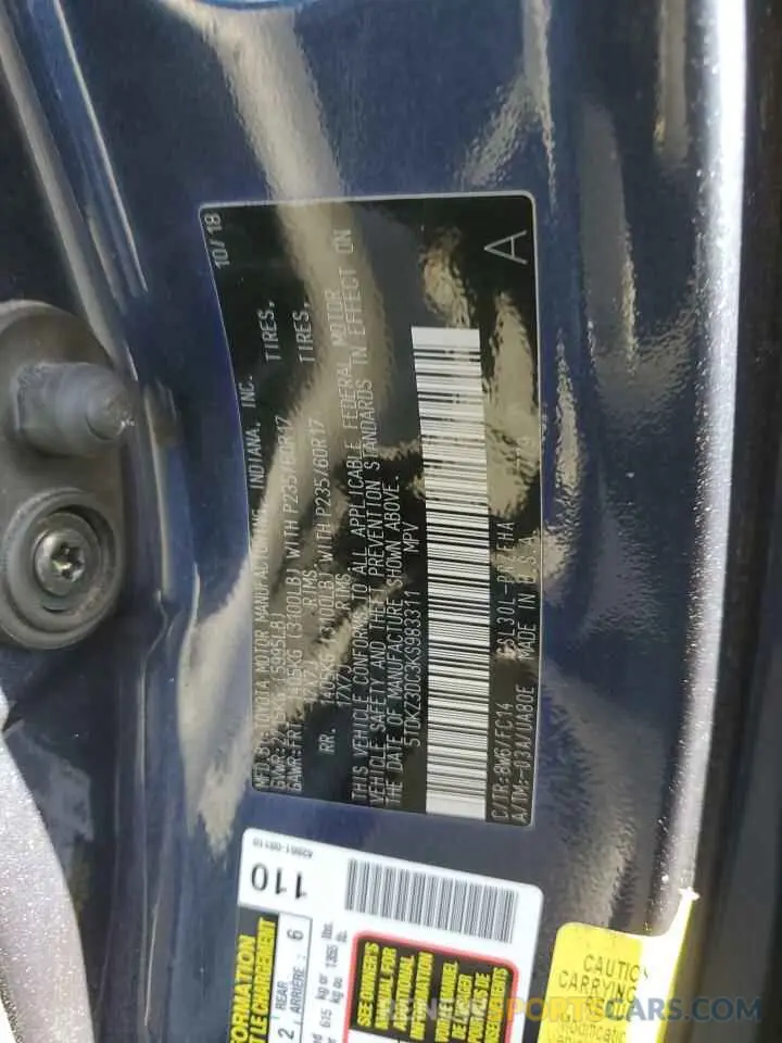 12 Photograph of a damaged car 5TDKZ3DC3KS983311 TOYOTA All Models 2019