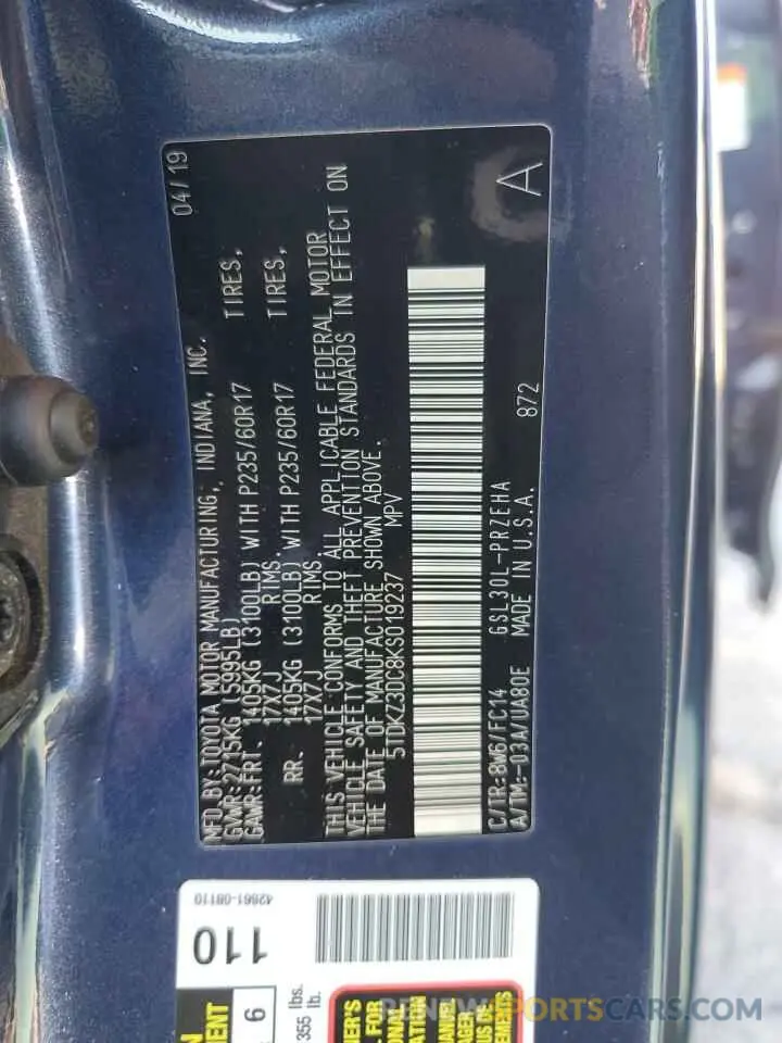 13 Photograph of a damaged car 5TDKZ3DC8KS019237 TOYOTA All Models 2019