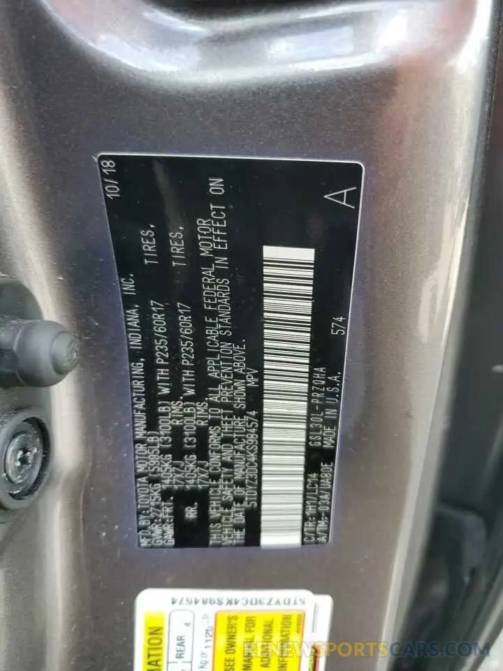 13 Photograph of a damaged car 5TDYZ3DC4KS984574 TOYOTA All Models 2019
