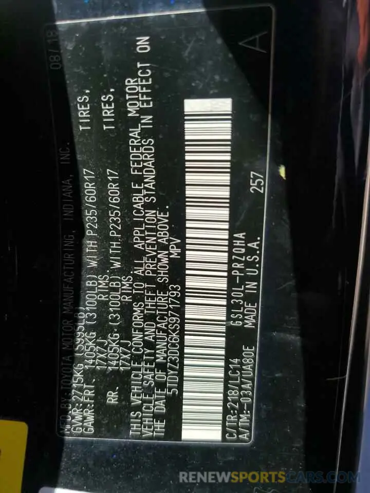 16 Фотография поврежденного автомобиля 5TDYZ3DC6KS971793 TOYOTA All Models 2019