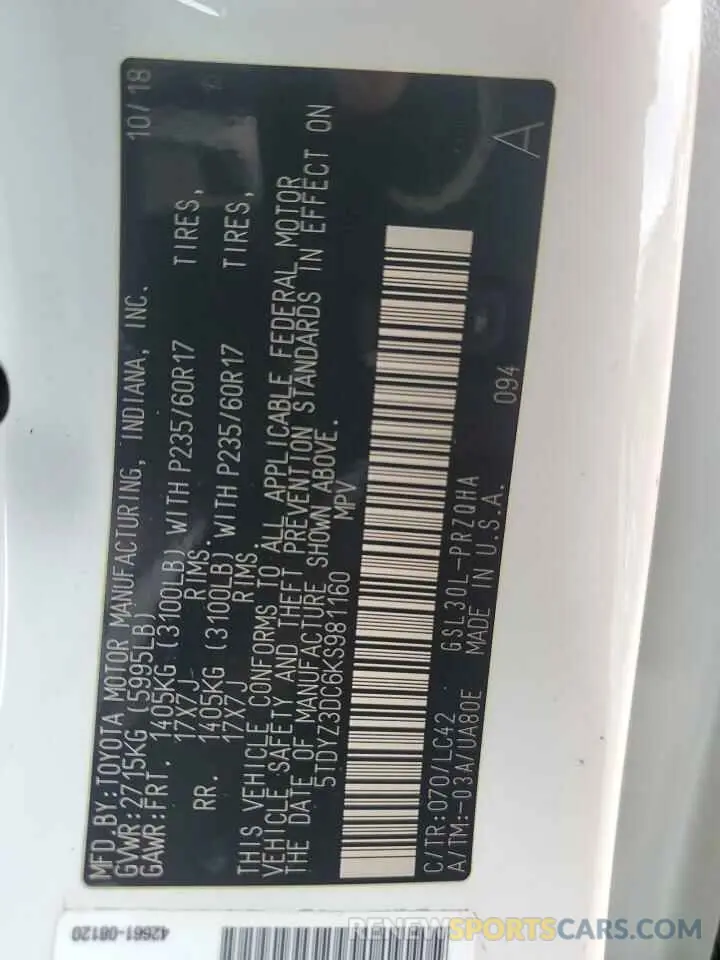 14 Photograph of a damaged car 5TDYZ3DC6KS981160 TOYOTA All Models 2019