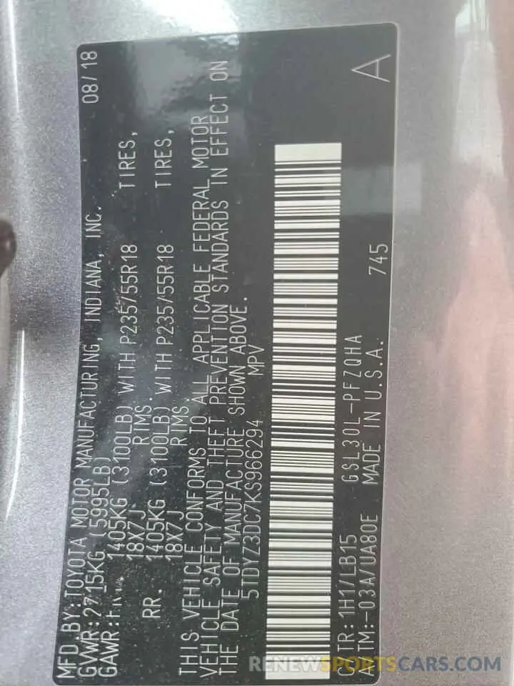 14 Фотография поврежденного автомобиля 5TDYZ3DC7KS966294 TOYOTA All Models 2019