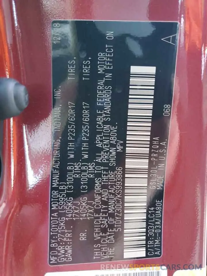 13 Photograph of a damaged car 5TDYZ3DC7KS993866 TOYOTA All Models 2019