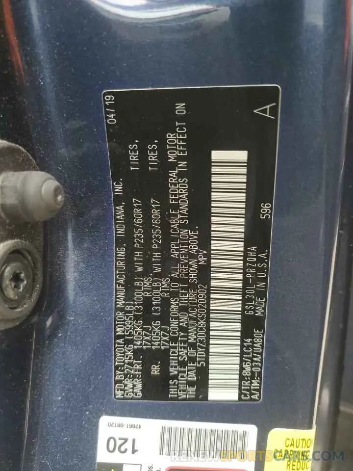 13 Фотография поврежденного автомобиля 5TDYZ3DC8KS020902 TOYOTA All Models 2019