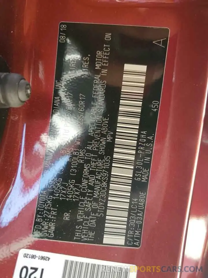 13 Photograph of a damaged car 5TDYZ3DC8KS971035 TOYOTA All Models 2019
