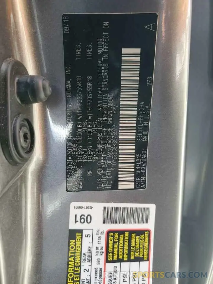 14 Photograph of a damaged car 5TDYZ3DC9KS976972 TOYOTA All Models 2019