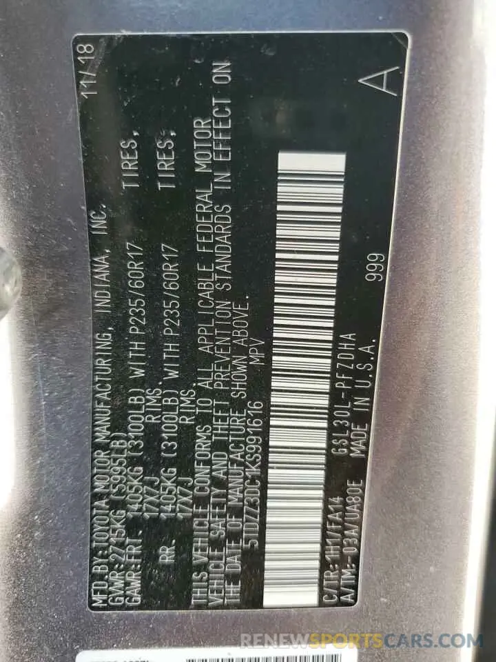 14 Photograph of a damaged car 5TDZZ3DC1KS991616 TOYOTA All Models 2019