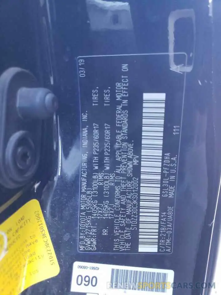 13 Фотография поврежденного автомобиля 5TDZZ3DC3KS012002 TOYOTA All Models 2019