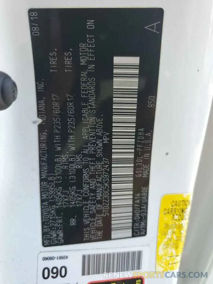 13 Photograph of a damaged car 5TDZZ3DC5KS972437 TOYOTA All Models 2019