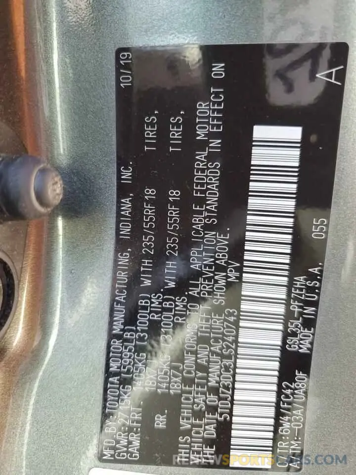 14 Фотография поврежденного автомобиля 5TDJZ3DC3LS240743 TOYOTA All Models 2020