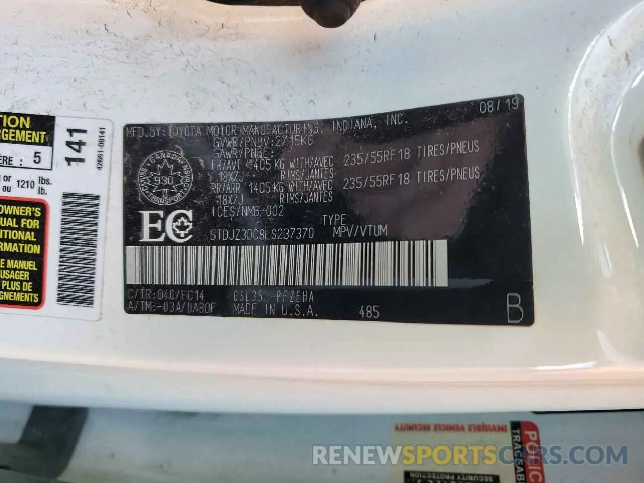 13 Photograph of a damaged car 5TDJZ3DC8LS237370 TOYOTA All Models 2020