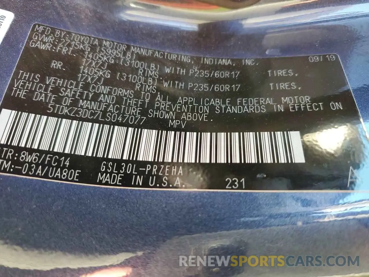 13 Photograph of a damaged car 5TDKZ3DC7LS047077 TOYOTA All Models 2020