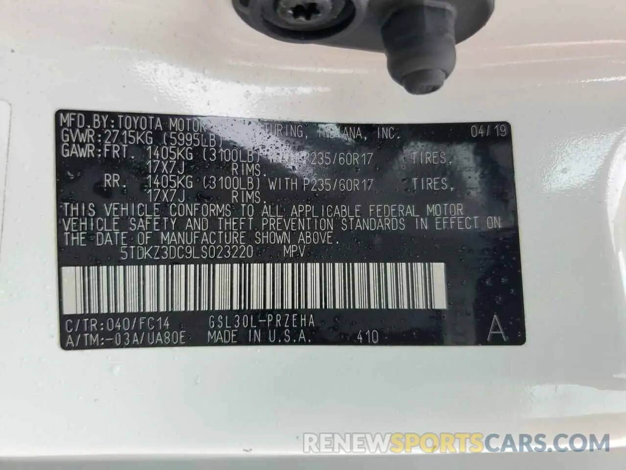 13 Photograph of a damaged car 5TDKZ3DC9LS023220 TOYOTA All Models 2020