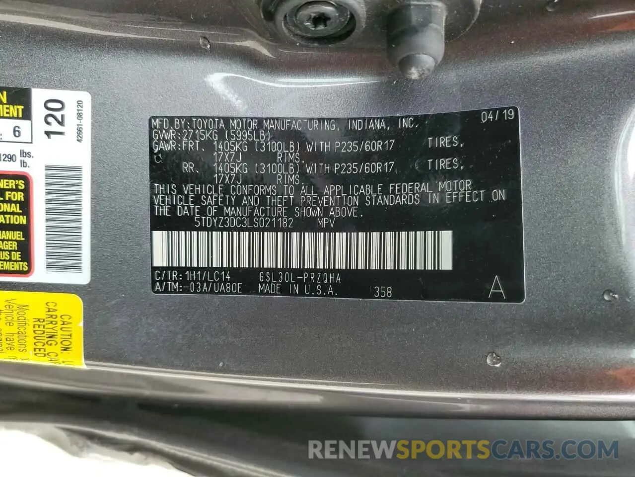 16 Фотография поврежденного автомобиля 5TDYZ3DC3LS021182 TOYOTA All Models 2020