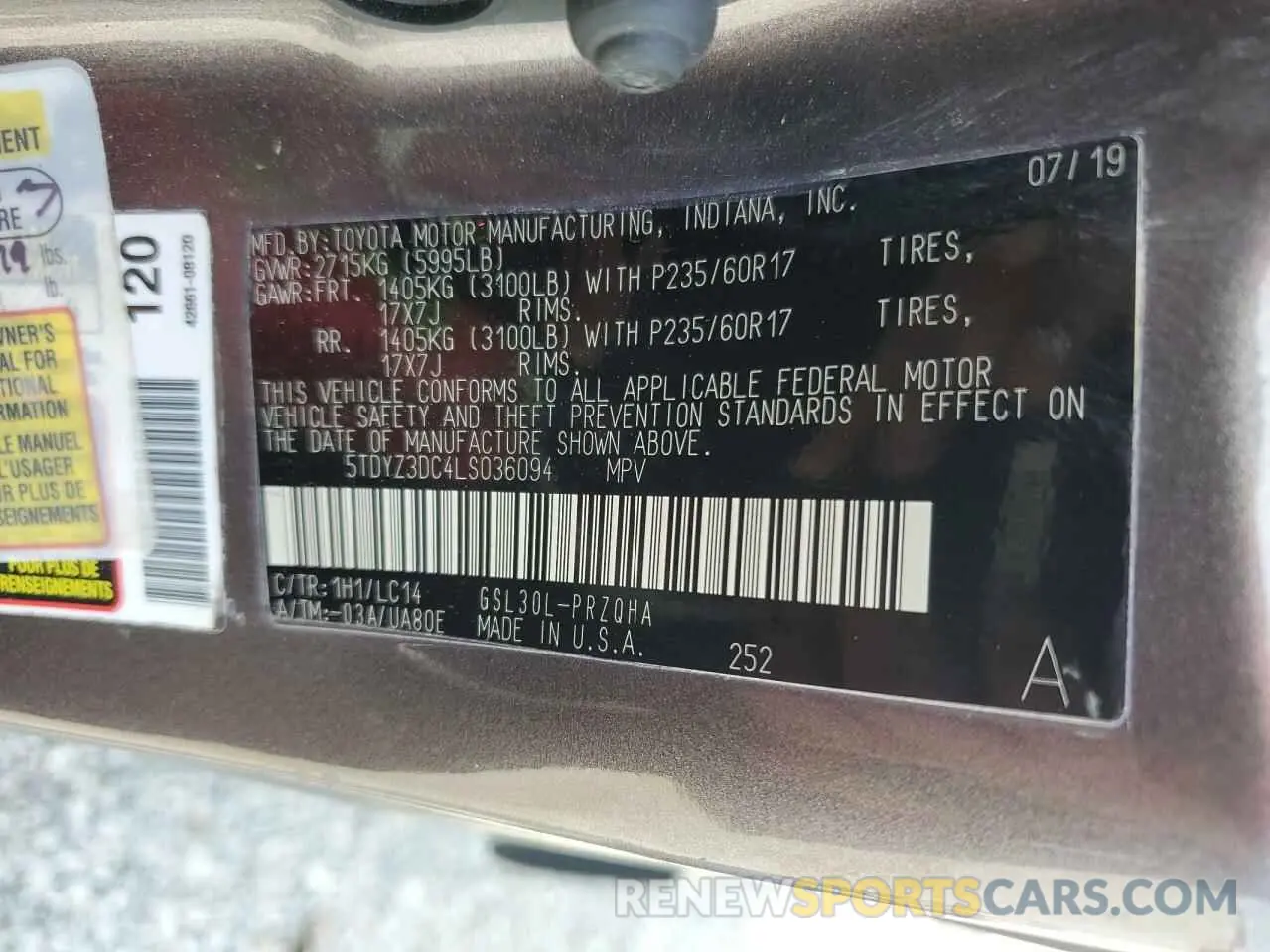 15 Фотография поврежденного автомобиля 5TDYZ3DC4LS036094 TOYOTA All Models 2020