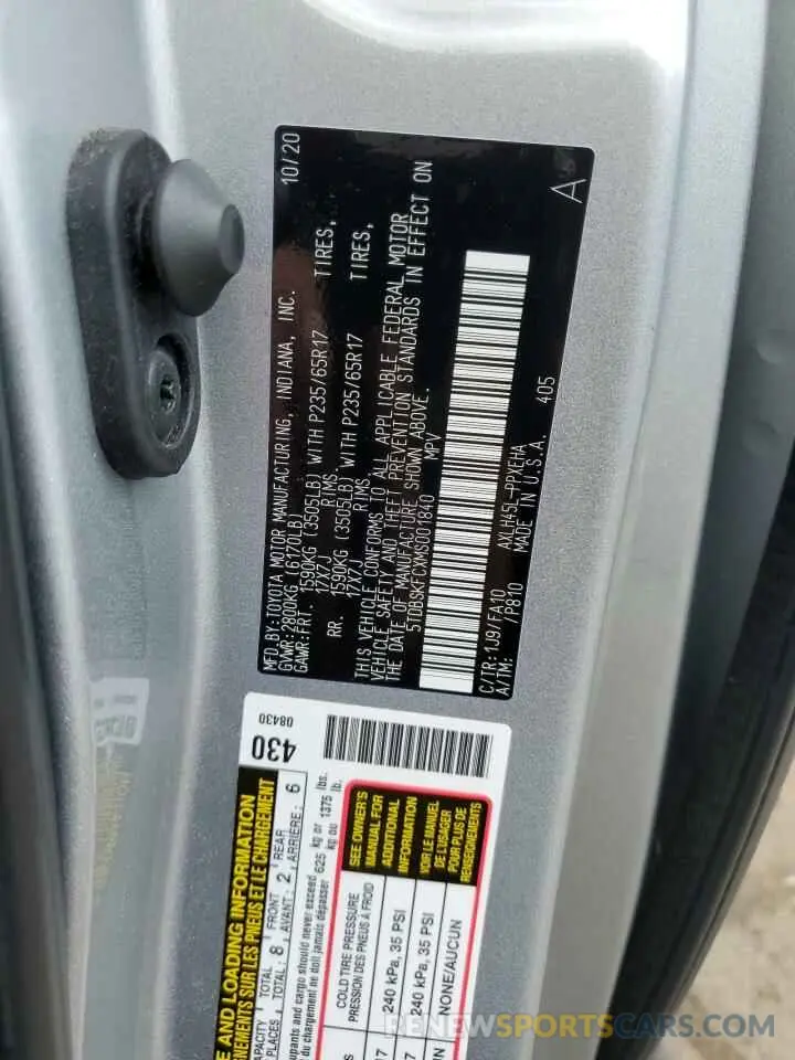 12 Photograph of a damaged car 5TDBSKFCXMS001840 TOYOTA All Models 2021