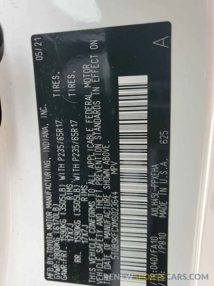15 Photograph of a damaged car 5TDBSKFCXMS023644 TOYOTA All Models 2021
