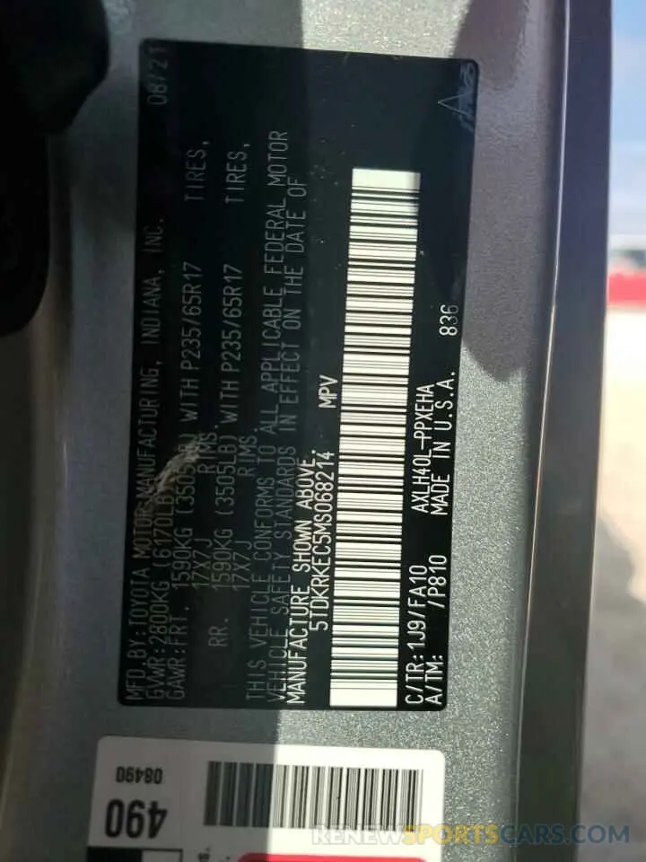 14 Фотография поврежденного автомобиля 5TDKRKEC5MS068214 TOYOTA All Models 2021