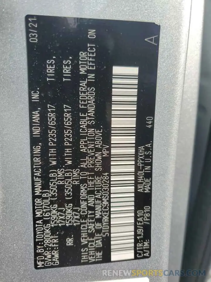 14 Photograph of a damaged car 5TDYRKEC9MS030284 TOYOTA All Models 2021