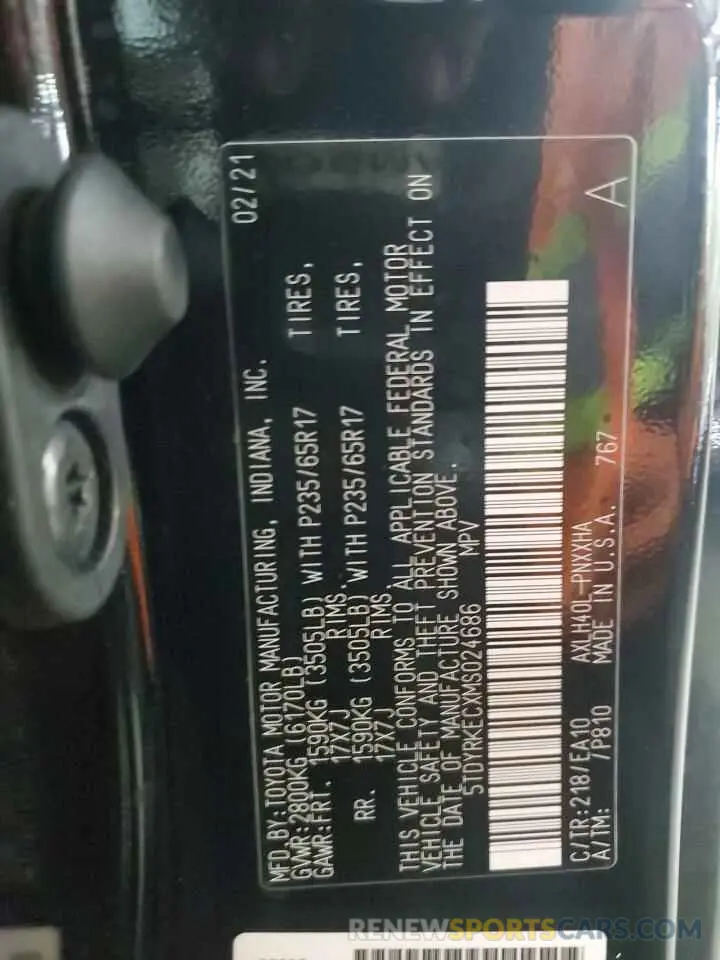 14 Фотография поврежденного автомобиля 5TDYRKECXMS024686 TOYOTA All Models 2021