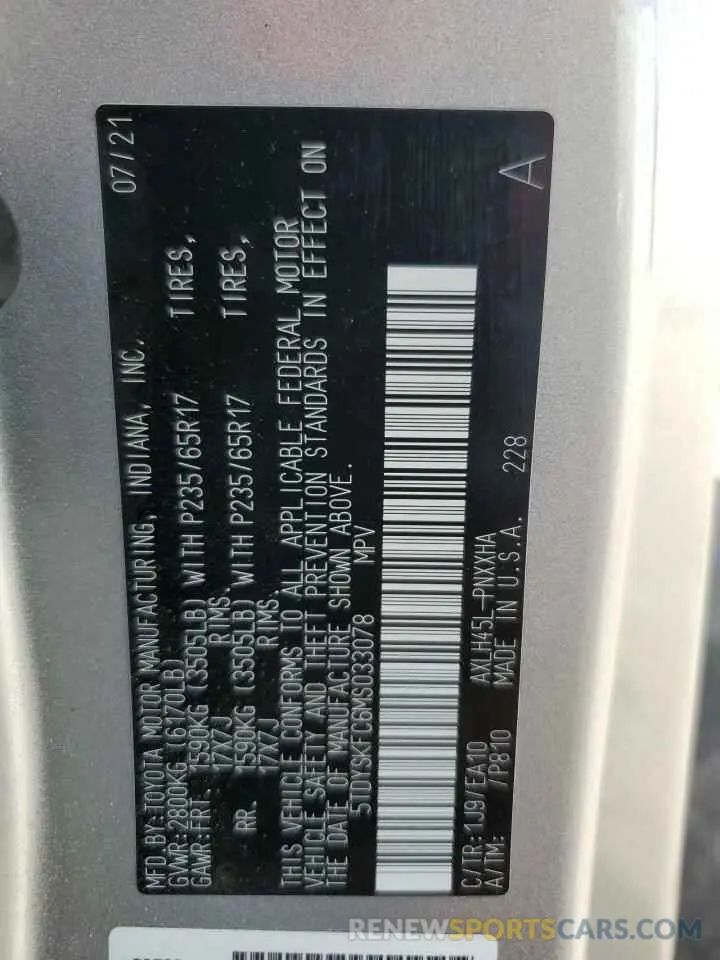 16 Фотография поврежденного автомобиля 5TDYSKFC6MS033078 TOYOTA All Models 2021