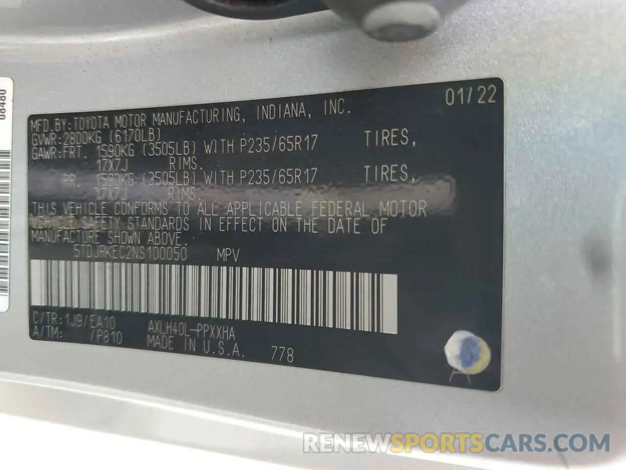 13 Фотография поврежденного автомобиля 5TDJRKEC2NS100050 TOYOTA All Models 2022