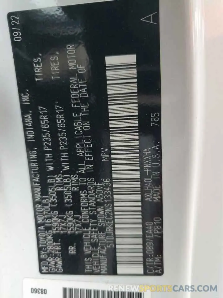 14 Фотография поврежденного автомобиля 5TDJRKEC2NS133436 TOYOTA All Models 2022