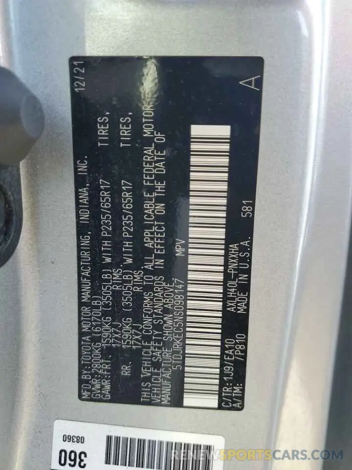 14 Photograph of a damaged car 5TDJRKEC5NS098147 TOYOTA All Models 2022