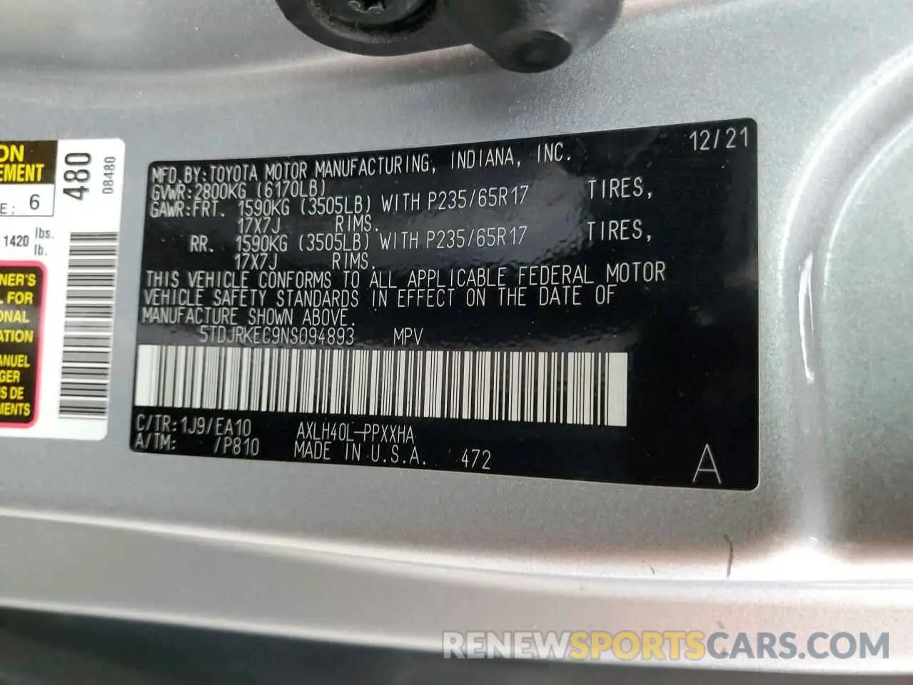 13 Фотография поврежденного автомобиля 5TDJRKEC9NS094893 TOYOTA All Models 2022
