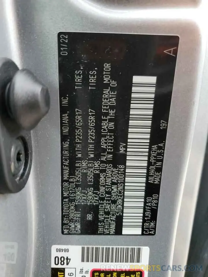 13 Фотография поврежденного автомобиля 5TDKRKEC2NS100148 TOYOTA All Models 2022