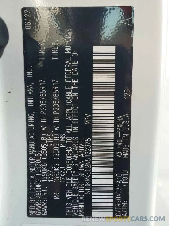 13 Фотография поврежденного автомобиля 5TDKRKEC2NS122375 TOYOTA All Models 2022
