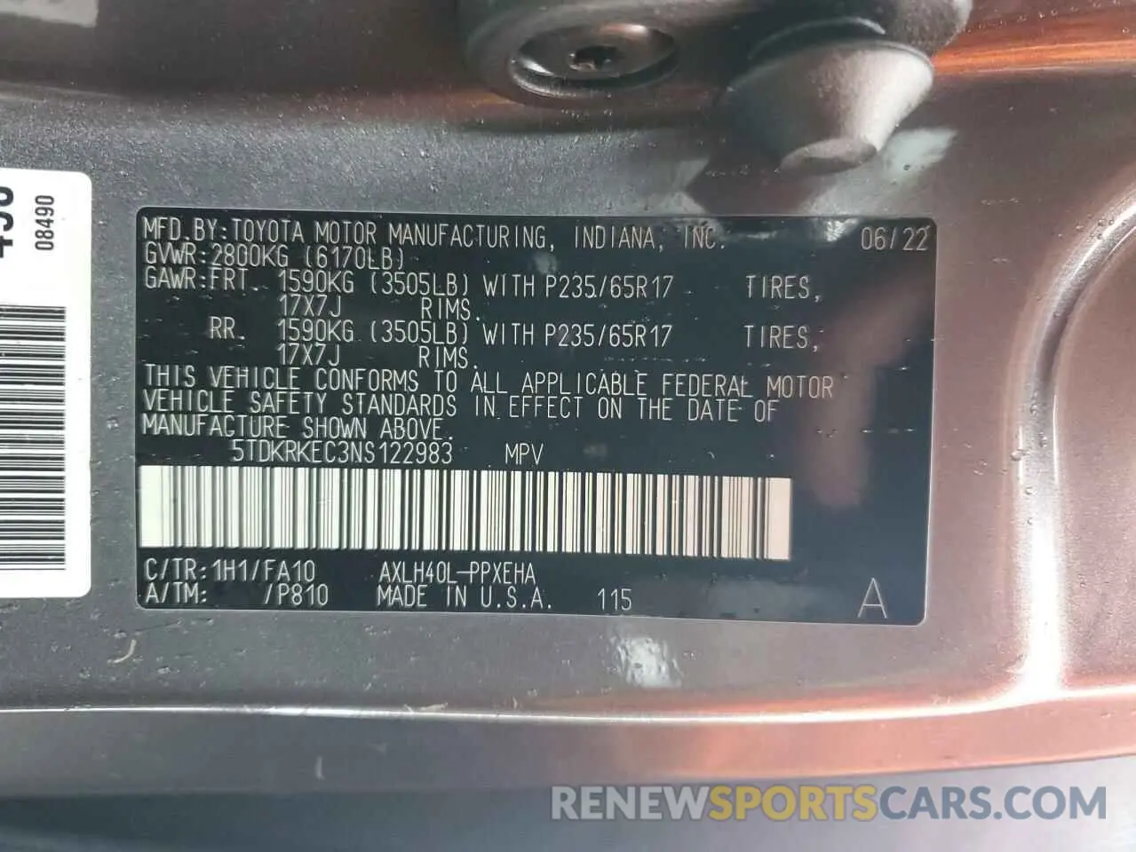 15 Photograph of a damaged car 5TDKRKEC3NS122983 TOYOTA All Models 2022