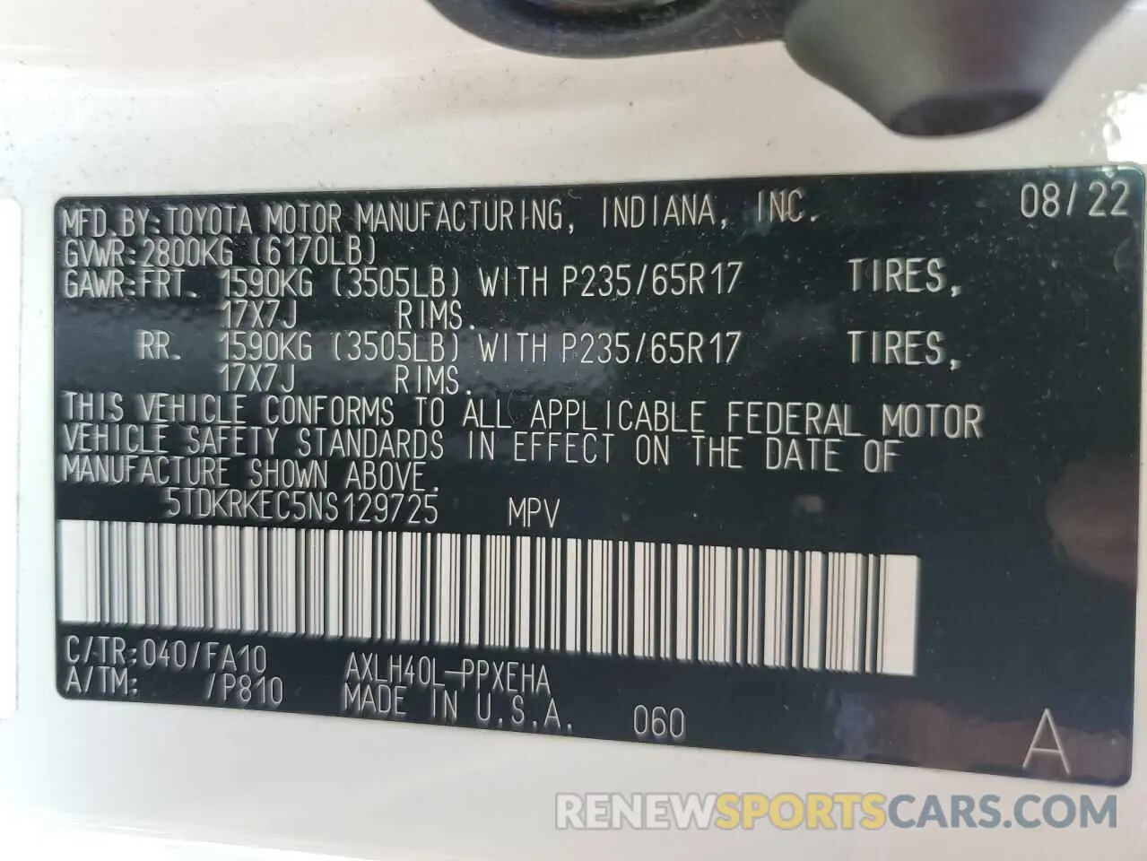 13 Photograph of a damaged car 5TDKRKEC5NS129725 TOYOTA All Models 2022