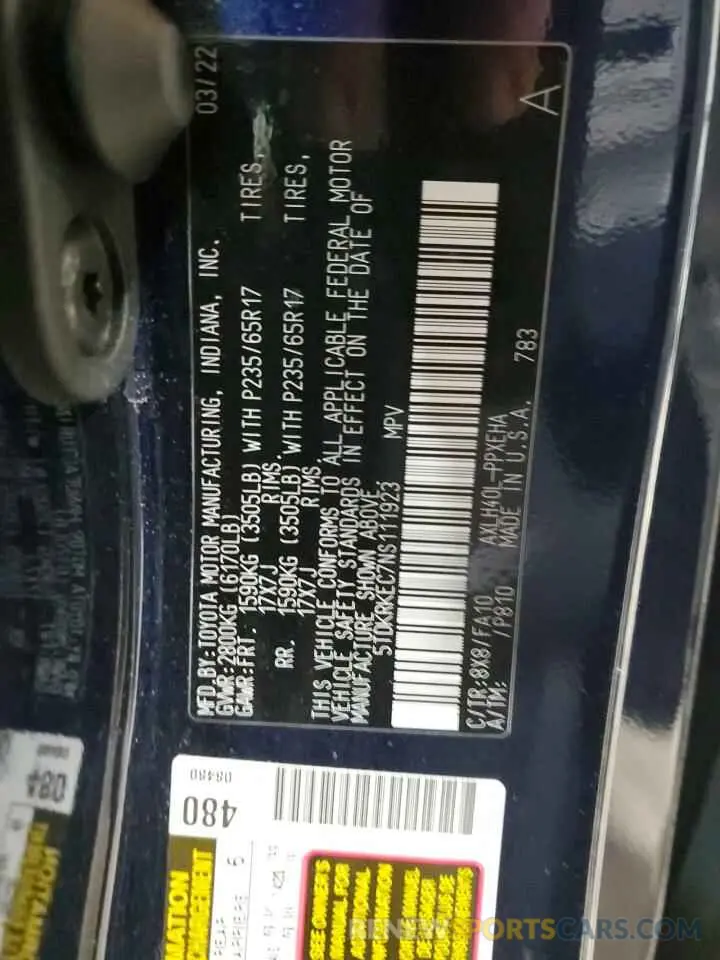 13 Фотография поврежденного автомобиля 5TDKRKEC7NS111923 TOYOTA All Models 2022