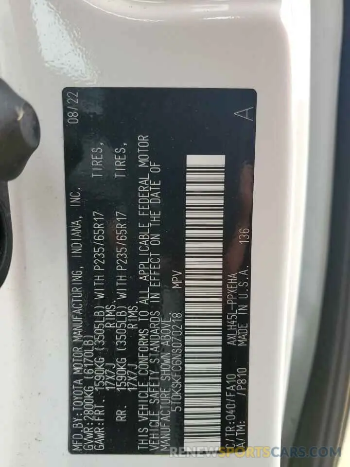13 Photograph of a damaged car 5TDKSKFC6NS070218 TOYOTA All Models 2022