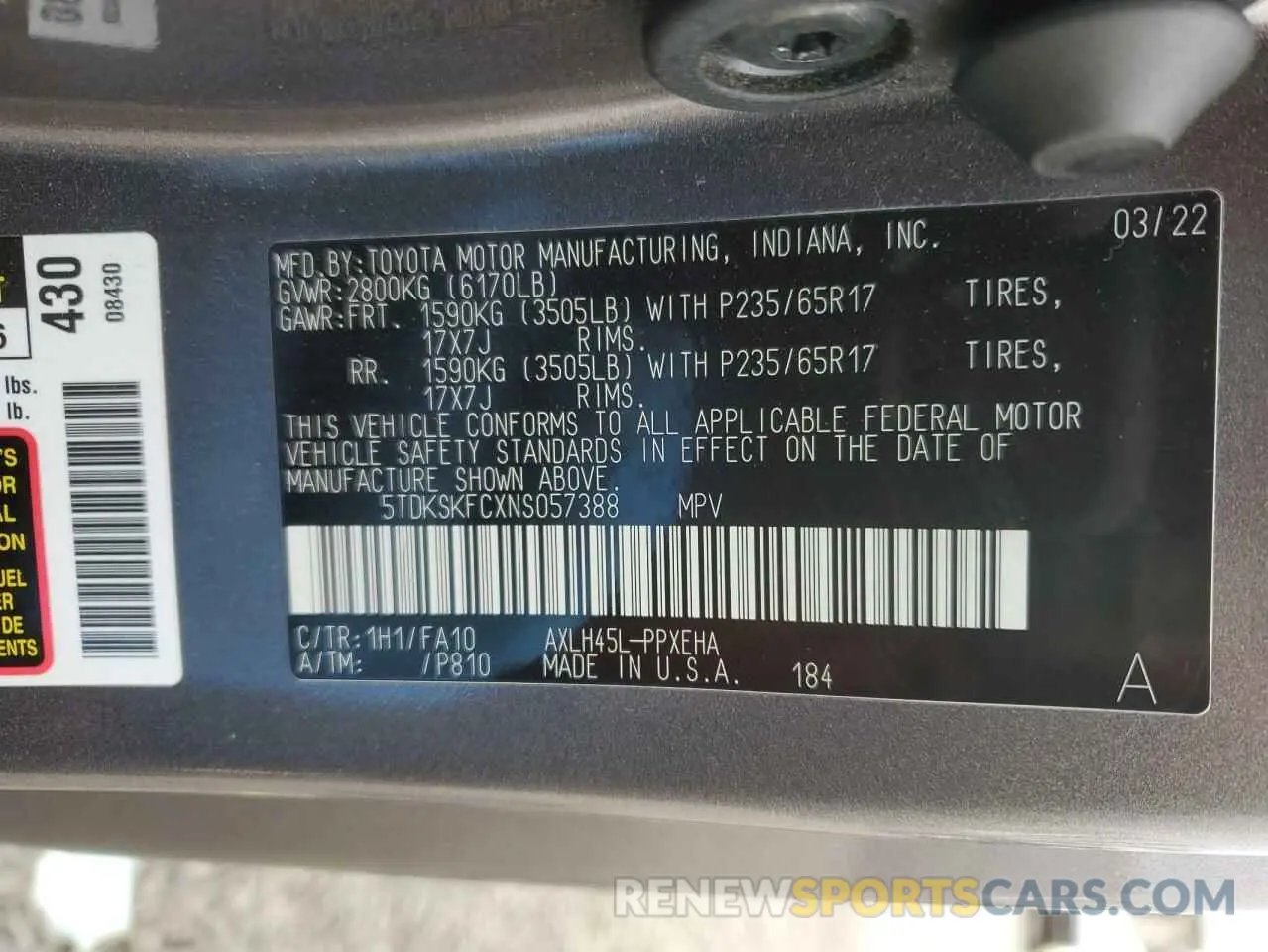 13 Фотография поврежденного автомобиля 5TDKSKFCXNS057388 TOYOTA All Models 2022