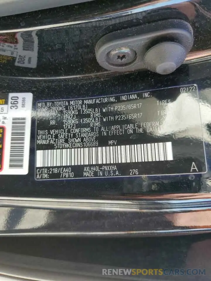 15 Фотография поврежденного автомобиля 5TDYRKEC8NS106689 TOYOTA All Models 2022