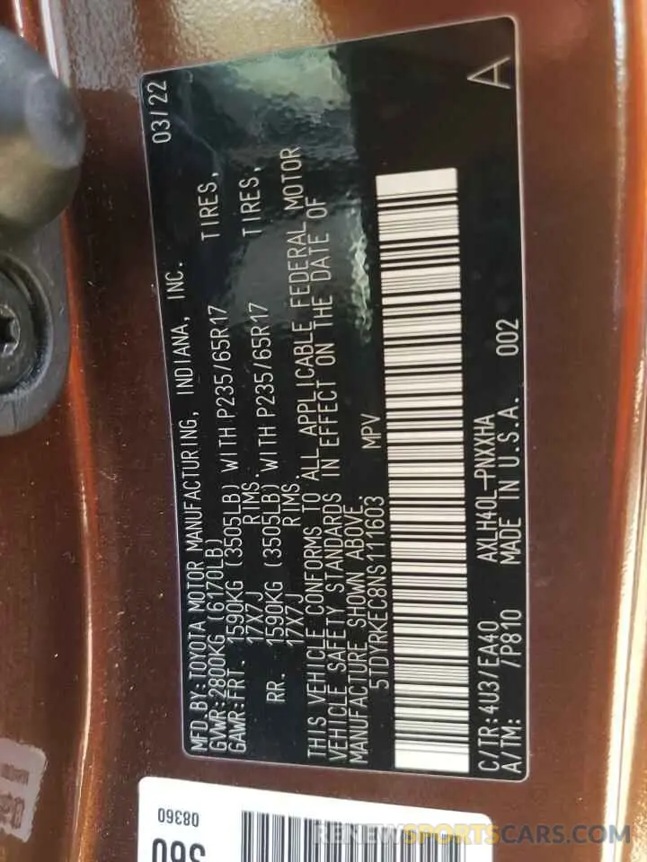 14 Photograph of a damaged car 5TDYRKEC8NS111603 TOYOTA All Models 2022
